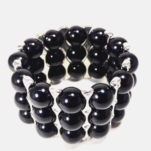 Silver Multi-Row Black Beaded Bracelet – Sparkling Crystal Statement Jewelry